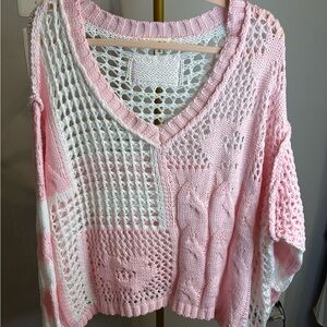 NWOT POL Pink and White Open-Knit V-Neck Sweater